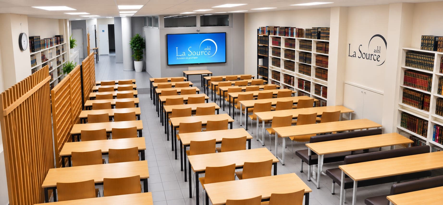 Salle de cours de La Source ASBL à Bruxelles : rangées de tables et de chaises face à un écran, bibliothèque d'ouvrages de référence
